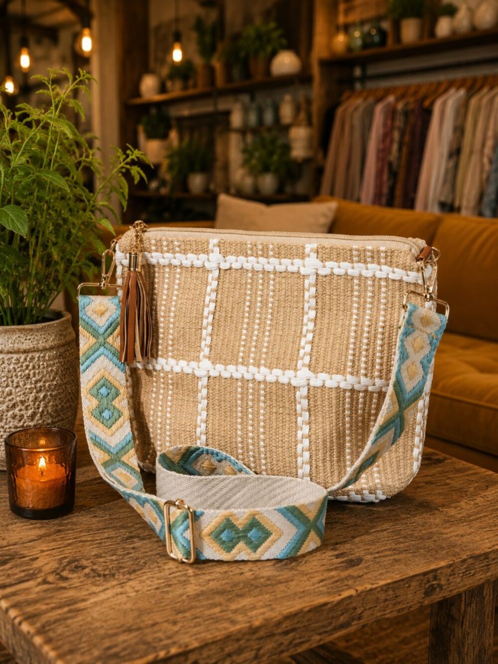 Taupe Embroidered Strap Crossbody Shoulder Bag Fall Autumn